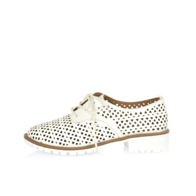 Girls white laser cut lace-up shoes